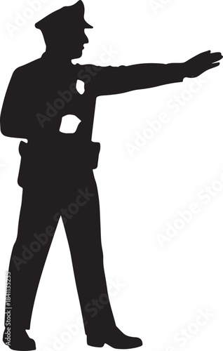 Silhouette of a police officer directing traffic with outstretched arm