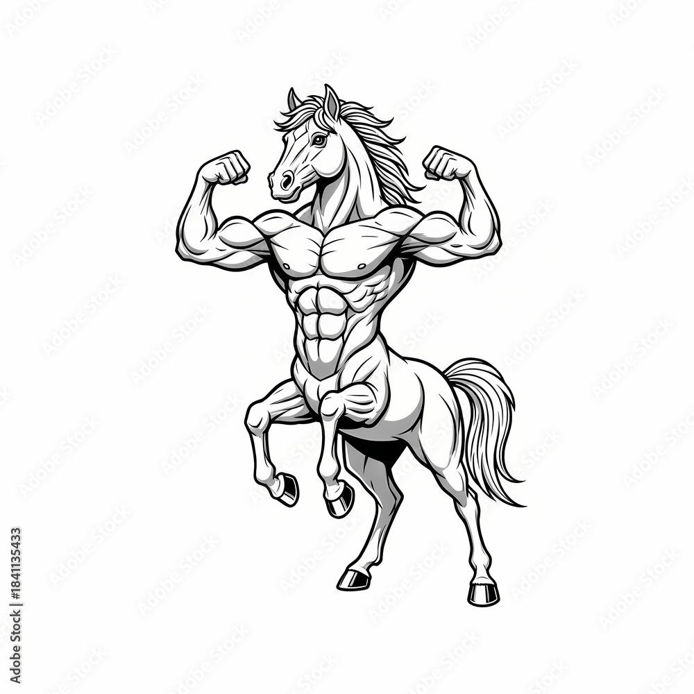 Obraz premium muscular horse mascot for gym and fitness black and white line art vector illustration
