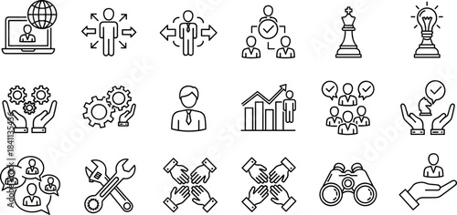 Business Management and Strategy Vector Thin Line Icons Set, Leadership, Teamwork, Decision Making, Gears, Collaboration, Growth Chart, King Chess Piece, and Service Symbols, Outline Graphic.