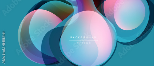 Abstract circles overlap, creating vibrant color gradients. Teal background complements pastel hues. Modern design element.