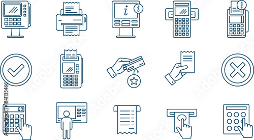 Set of payment and transaction line icons: POS terminal, receipt, credit card, ATM, calculator, and confirmation symbols, representing modern financial technology vector illustration.
