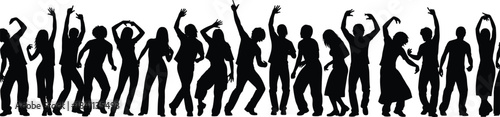 Vector illustration set of multiple energetic people dancing at a party, showing men and women silhouettes celebrating, having fun, and enjoying the music and nightlife.