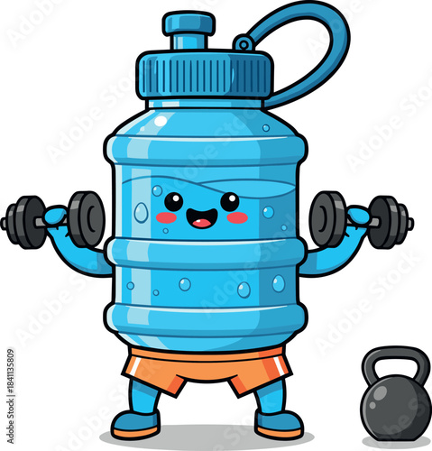 Cute cartoon water gallon bottle mascot doing weightlifting exercises with dumbbells, symbolizing hydration, fitness, health, and funny gym or workout motivation vector illustration.
