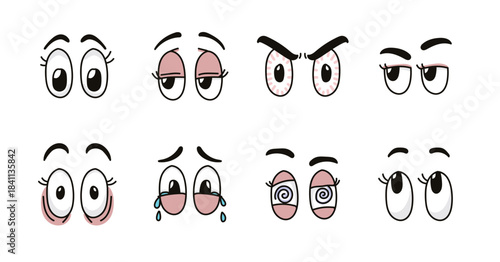 Funny retro cartoon character face drawing set on isolated background. Black and white vintage animation art style bundle. Trendy mascot, facial expression graphic, vector illustration.