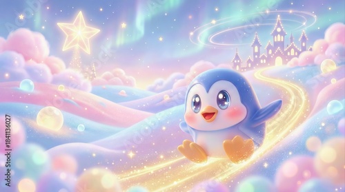 Cute Penguin Slides Along a Colorful Path Through Fluffy Clouds 