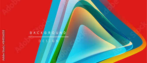 Abstract vibrant layers form dynamic triangle shape. Red background provides strong contrast, modern design element.