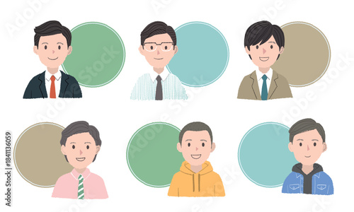 笑顔の男性6人のプロフィール用フレーム｜手描きタッチのイラストアイコン