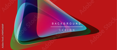Abstract geometric shapes overlap, creating vibrant color gradients. Red background emphasizes dynamic design elements. Text reads background design.