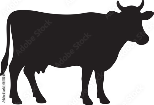 Cow silhouette: A stark silhouette of a cow against a clear backdrop, ideal for design, highlighting the animal's iconic shape and presence.