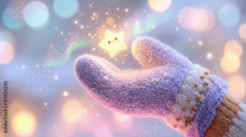 Soft Glove Holds Shining Star During Festive Season Celebration With Sparkling Lights and Winter Atmosphere