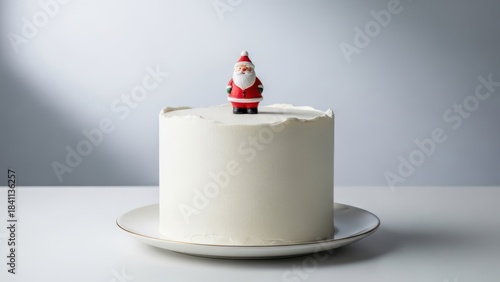 Tall minimalist white Christmas cake with rough edge buttercream and tiny Santa figurine topper on plate, serene modern holiday dessert styling perfect for cozy winter parties and festive gatherings

