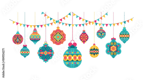 Festive Ornaments and Garland: A vibrant array of colorful ornaments and festive garland, creating a joyful and celebratory atmosphere. The ornaments display intricate designs.