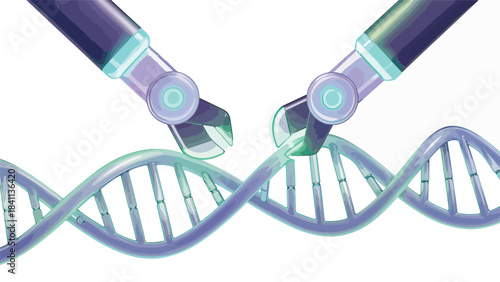 Close-up of robotic arms editing a DNA double helix with glowing blue and green lights on a white background.