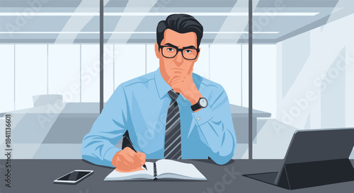 Pensive professional businessman in a modern office setting, deep in thought while planning strategy or contemplating a new project, surrounded by contemporary work tools and technology