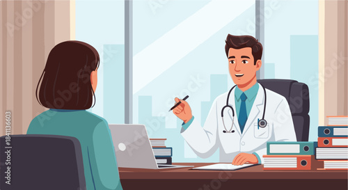 Professional male doctor consults with a female patient in a modern office, discussing health concerns and offering medical advice during a friendly check-up. Vector illustration