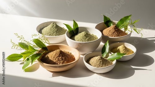 Assortment of natural powders in bowls, garnished with fresh green leaves, on a sunlit surface.