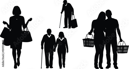 Various shopper silhouettes including woman with bags, elderly couple walking with a cane, older man, and young couple with baskets, diverse consumer groups black vector illustration for 