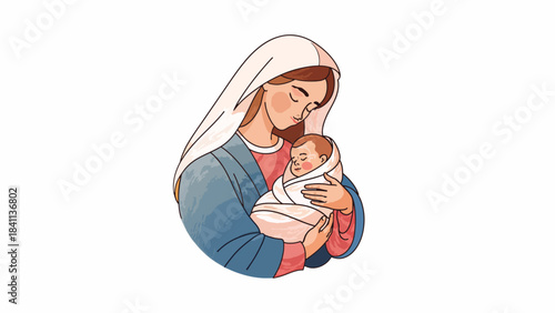 Illustration of Mary holding baby Jesus in her arms with a gentle expression on a white background.