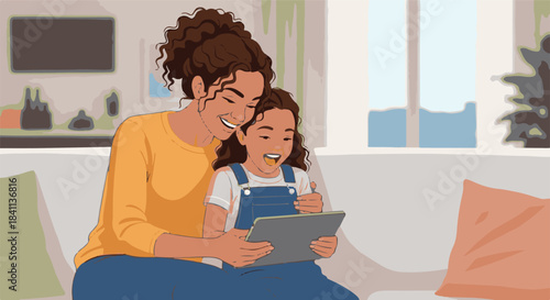 Vibrant illustration of a cheerful mother and daughter bonding over a digital tablet on a cozy living room couch, depicting modern family connection and engaging screen time fun at home