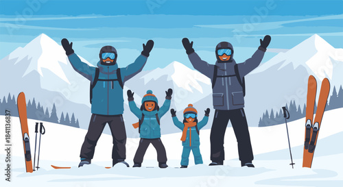 Joyful family of four enjoying a memorable winter ski vacation in the majestic snowy mountains, celebrating their outdoor adventure with raised hands and big smiles