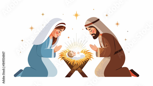 Illustration of Mary and Joseph kneeling beside the manger with baby Jesus, surrounded by stars on a white background.