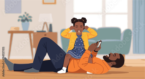 Playful Father and Daughter Bonding Moment A Father Enjoys Family Time While His Daughter Sits on Him