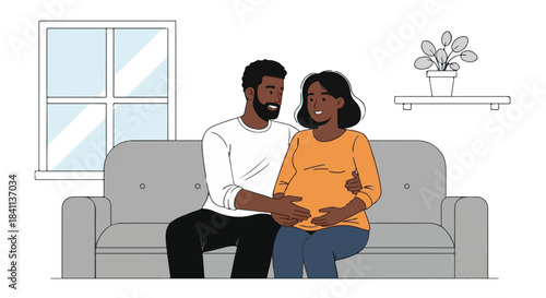 Happy diverse couple expecting their first child, embracing on a cozy living room sofa, celebrating the joy of pregnancy and future parenthood