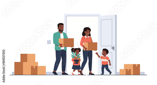 Illustration of a Black family moving into a new home, carrying boxes and excited for a fresh start