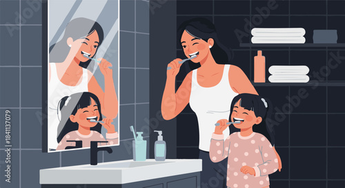 A mother and daughter brushing their teeth together in a modern bathroom with a large mirror reflecting their actions, promoting good oral hygiene