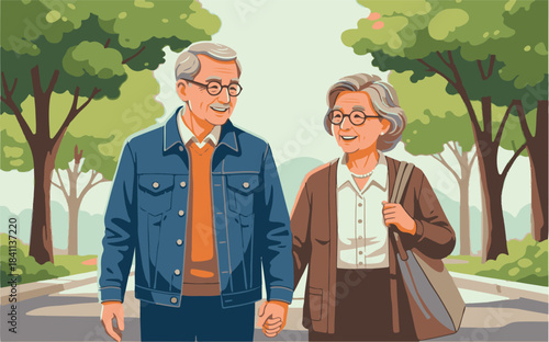 An elderly couple walks hand-in-hand down a tree-lined path, enjoying a peaceful moment together in a park setting