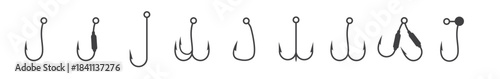 Diverse fish hook styles collection: minimalist, hand-drawn, pixel art, and more. Collection of various fishing hooks in a simple line art silhouette style, vector illustration.