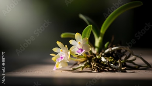 Close up of delicate orchid blossoms with soft lighting and shadow play