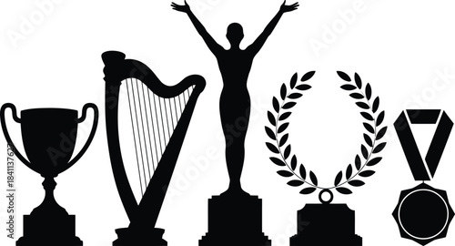 A collection of black silhouettes featuring various awards and symbols of achievement on a white background