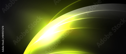 Abstract yellow light curves radiate from bright center. Dark background creates dramatic visual effect. Smooth gradients define shapes.