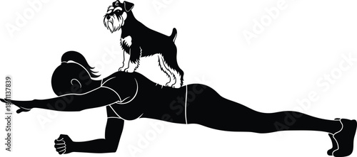 Woman and large dog silhouette standing together, pet dog sitting patiently in an obedience position next to the female owner, best friend relationship black vector illustration for pet training conce
