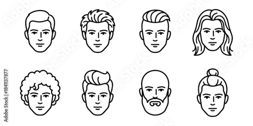 Male avatar faces and hairstyles line icons set