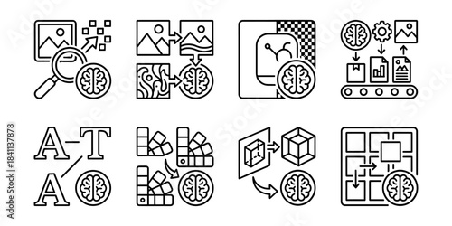 AI graphic design workflow tools line icons set