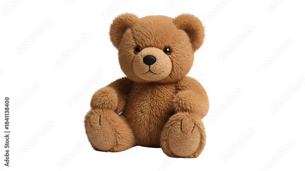 Fototapeta premium A single classic, brown, fluffy teddy bear, a soft, cuddly stuffed animal toy, isolated on white or transparent background. PNG