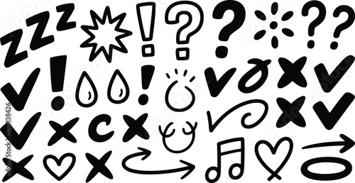 A collection of various hand drawn doodle style communication and emotional symbols