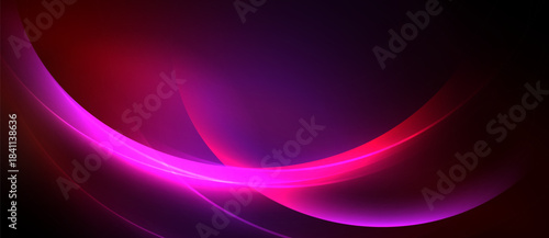 Abstract background features vibrant curves, gradients. Pink, purple, red hues blend into dark space. Smooth lines create dynamic visual effect.