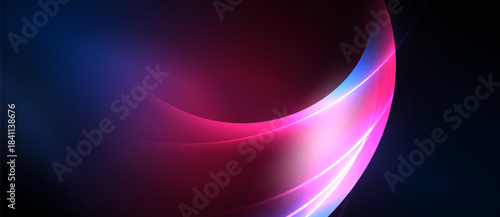 Abstract design features flowing curves, vibrant colors. Blues blend into pinks, creating dynamic visual effect. Dark background emphasizes luminosity.