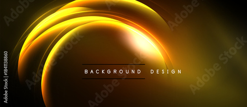 Abstract golden lines create dynamic curves. Dark background emphasizes bright neon glow, modern design element. Simple text reads background design.