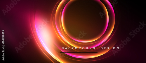 Abstract neon lights create circular shapes, vibrant pinks, oranges, yellows. Dark background emphasizes glowing design elements.