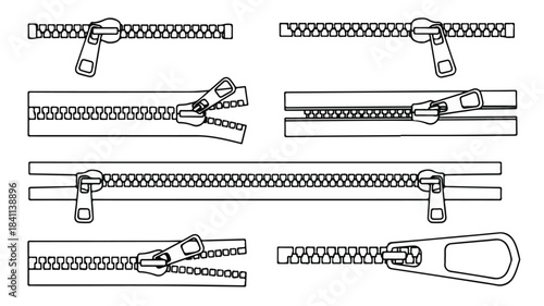 Detailed illustration of various zipper designs and states, including open, closed, and partially zipped, with different pull tab styles on a plain white background.