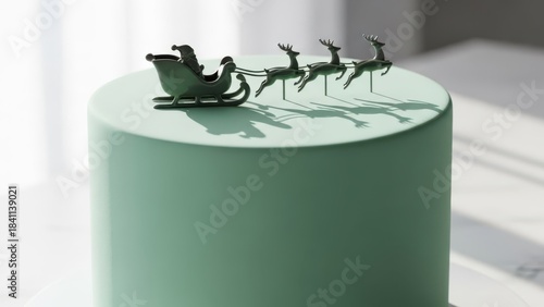 Soft mint green Christmas cake topped with sleek sleigh and reindeer silhouette, gentle daylight shadows and smooth fondant finish create a serene modern winter holiday dessert centerpiece

