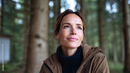 Woman standing in forest.