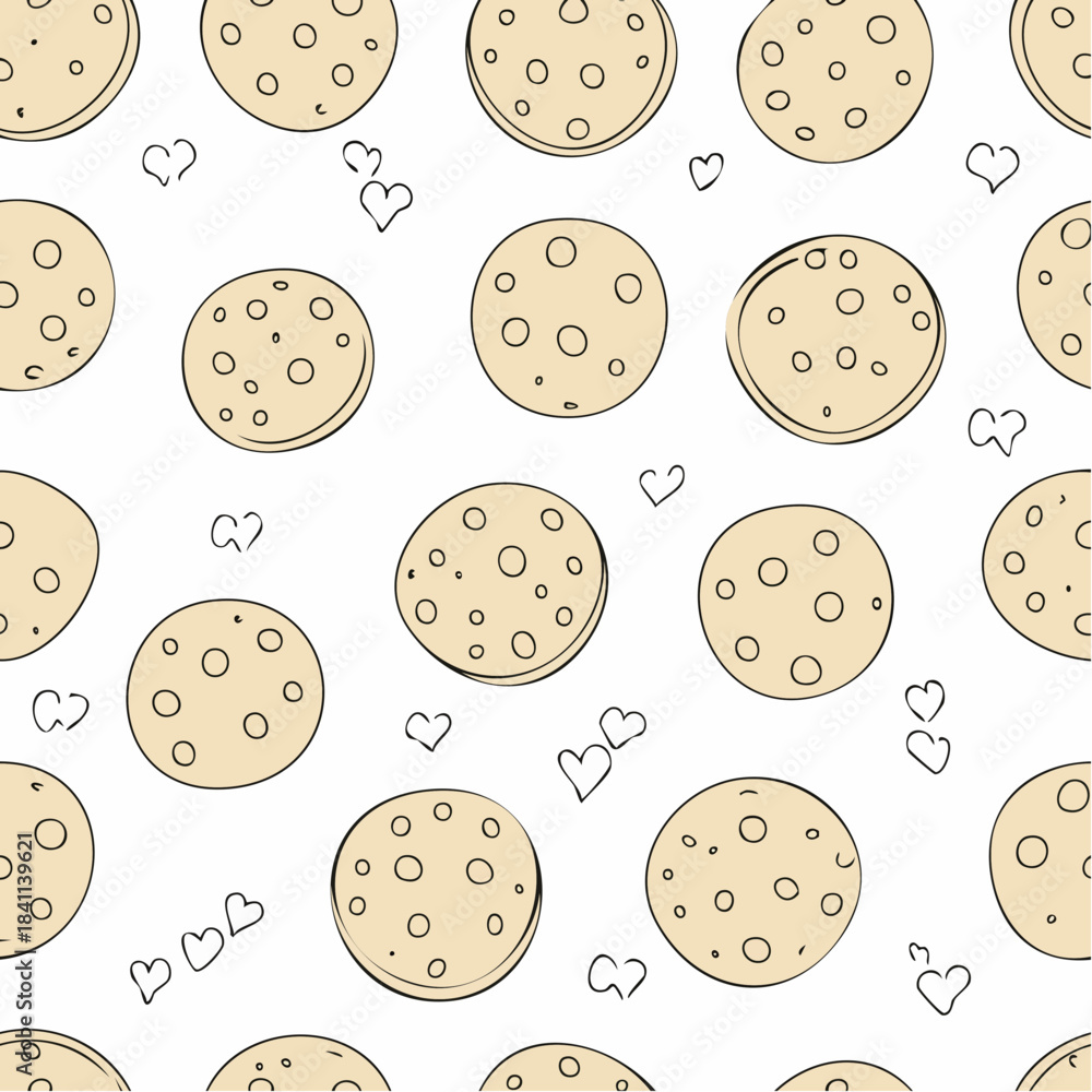 Obraz premium Simple cute cookie flat vector seamless pattern. Hand drawn vector seamless pattern in doodle style. Continuous line drawing.
