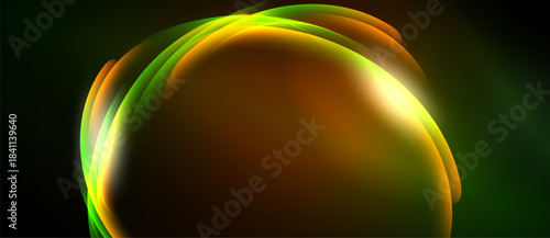 Abstract glowing form dominates dark background. Swirling colors blend, creating dynamic visual effect. Brightness contrasts sharply with shadows.