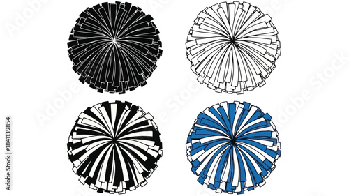 Four circular metallic objects with radiating lines in black, white, and blue on a white background.
