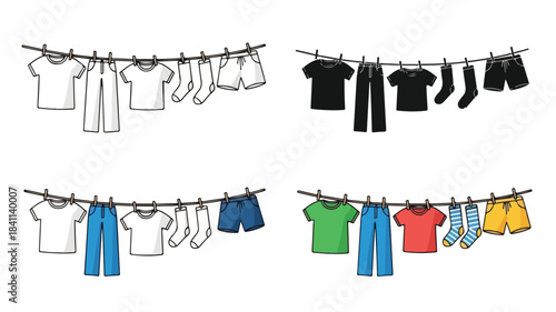 Illustration of various colorful clothes hanging on a clothesline against a white background.